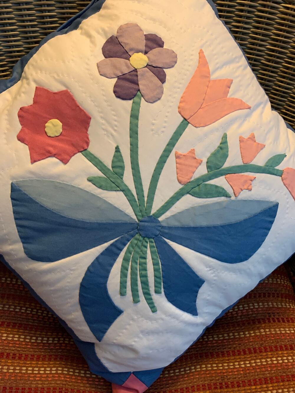 Vintage Quilted Flower Bouquet Pillow 16x16 Cottage Core Country